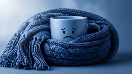 Sad face mug wrapped in a cozy knitted scarf on a cool blue background