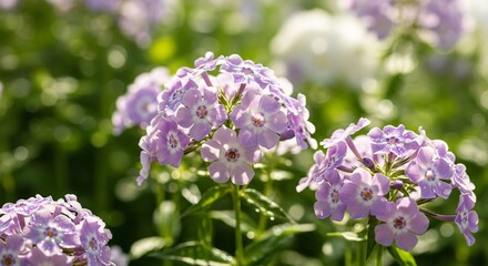 Fototapeta premium Close up of vibrant purple flowers in full bloom with soft sunlight background