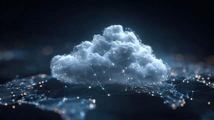 data transfer cloud computing technology there is a large prominent cloud icon in the center with internal connections and small icon on abstract world map polygon generative ai