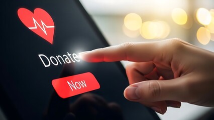 Hand Tapping Donate Now Button on Digital Screen for Heart Health