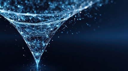 futuristic polygonal funnel illustrating data flow analysis and conversion within digital marketing abstract geometric mesh visualizes modern tech strategy network structure processing