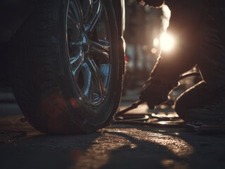 A skilled technician works on a tire in the fading light of sunset, capturing the moment of focus and expertise amid a quiet urban setting