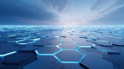 Obraz premium glowing hexagonal energy tile virtual space with blue horizon abstract futuristic scifi environment
