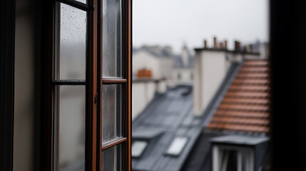 A rainy day scene: looking out of a window with raindrops clinging to the glass, the rooftops and buildings fade into the distance on a soft, overcast day. Urban tranquility.