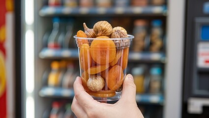 Close-up of a hand holding a transparent cup with dried apricots and figs from a vending machine, highlighting healthy snack options and convenient supermarket grab-and-go