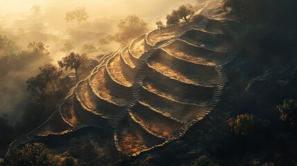 Ancient Stone Terraces in a Misty Mountain Landscape