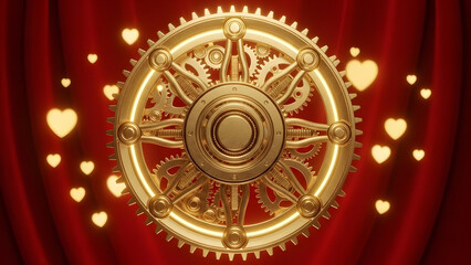 Golden steampunk gear mechanism with glowing hearts on red curtain