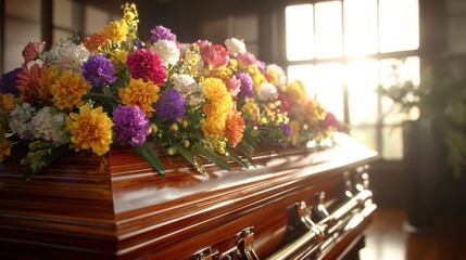 wooden casket with flowers in a sunlit funeral home