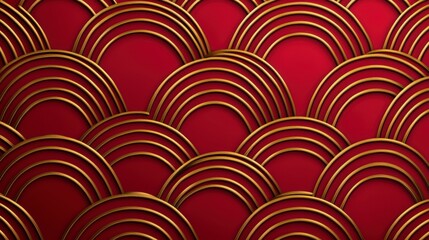 A vibrant red background features intricate golden arc patterns, creating a striking and elegant design reminiscent of traditional art.