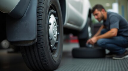 A man worker working with a car tire in the garage. The man, a mechanic, is changing winter and summer tires on a white truck or van at a service center.