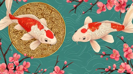 Two koi fish swim gracefully among vibrant pink cherry blossoms against a teal background, creating an eye-catching, serene scene.