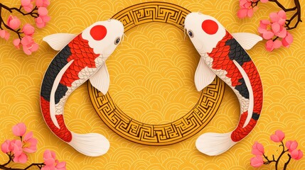 Two koi fish swim around a circular pattern, surrounded by pink flowers and set against a vibrant yellow background, symbolizing harmony and prosperity.