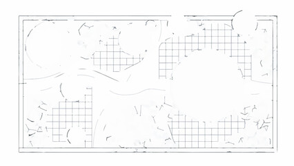 Detailed architectural blueprint for a modern building with grid lines and abstract shapes.