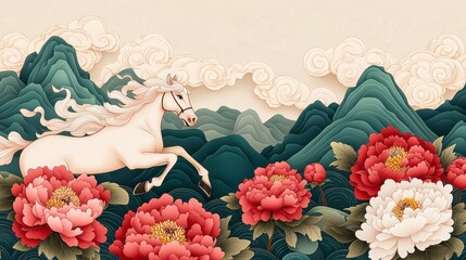A graceful white horse gallops through vibrant peonies against a backdrop of stylized mountains and clouds, blending nature and artistry.