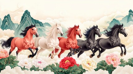 A vibrant illustration of five majestic horses in various colors, galloping through clouds and surrounded by flowers and mountains.