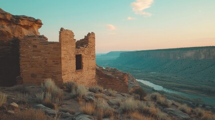 Ancient Ruins Overlooking Canyon River Landscape