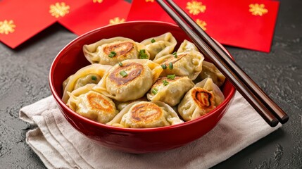 A vibrant bowl of dumplings garnished with herbs, accompanied by red envelopes, symbolizing celebration and delicious cuisine.