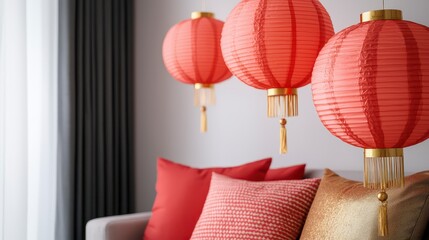 Red paper lanterns hang elegantly in a cozy, modern living space adorned with vibrant cushions.