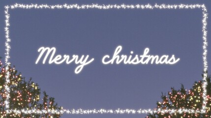 Merry Christmas neon sign in cursive script, framed by white star lights, against dark blue background with decorated Christmas tree lights below. Festive holiday greeting, seasonal decor