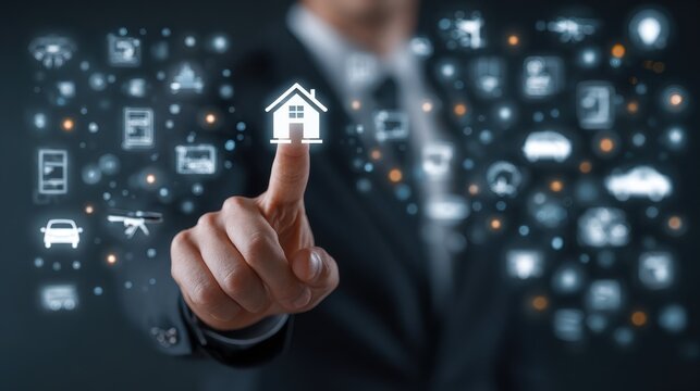 businessman presses iot button on virtual screen on background of network smart house devices car drone computer internet of things business search concept - Powered by Adobe
