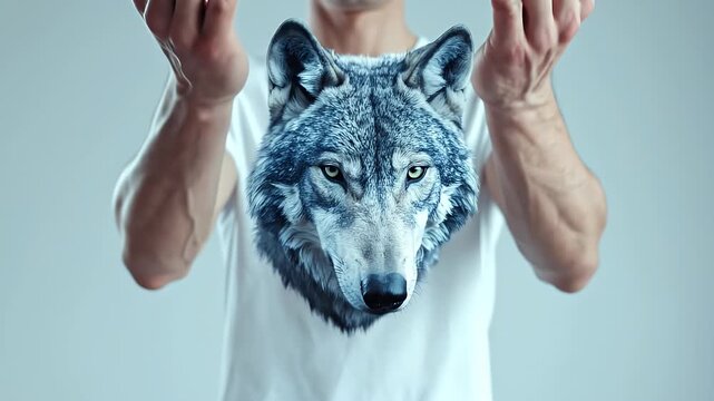 Man in White Shirt Presenting Pixelated Blue Wolf Head with Open Hands in Front Against a Soft Gray Background