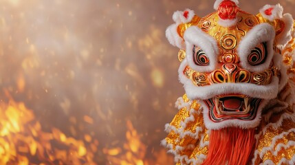 A vibrant dragon dance costume with intricate details, set against a fiery background, symbolizing celebration and cultural heritage.