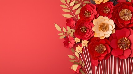 A vibrant arrangement of paper flowers in red, gold, and cream against a solid background, showcasing intricate designs and textures.