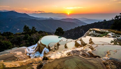 Terraced, mineral-rich pools cascade down a hillside at sunset, with mountains rolling into the horizon