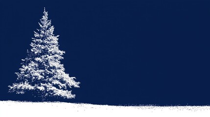 Christmas tree in white dot texture, set against deep navy background with snowy ground. Festive holiday seasonal decor, minimalist design ideal for wallpaper, poster, banner.