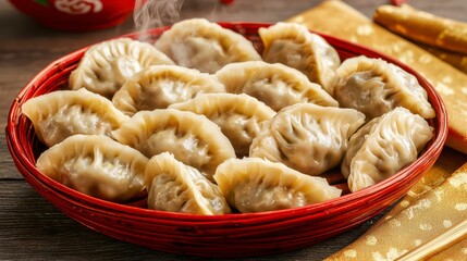 A steaming basket of delicious dumplings, perfectly arranged and ready to be enjoyed, highlights the allure of traditional cuisine.