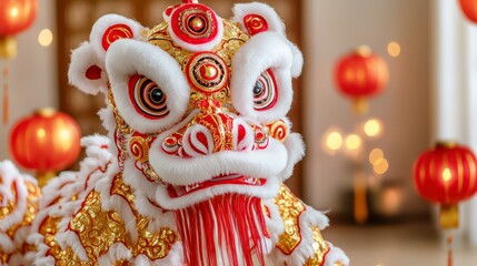 A vibrant, intricately designed lion dance costume, featuring red and gold elements, set against a backdrop of glowing lanterns.