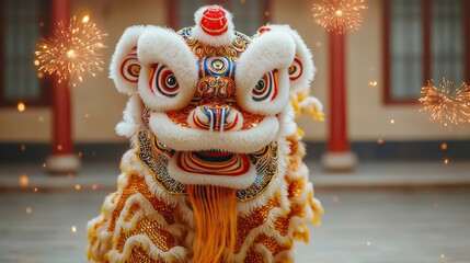 A vibrant lion dance costume with intricate details, surrounded by festive sparks, showcasing cultural heritage and celebration.