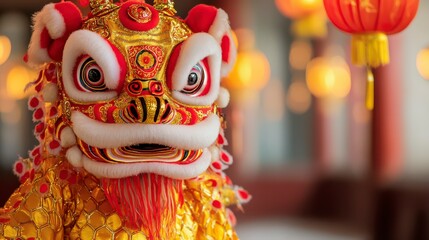 A vibrant lion dance costume adorned in gold and red, symbolizing prosperity and celebration, set against a backdrop of glowing lanterns.