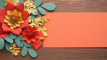A vibrant arrangement of colorful paper flowers and leaves on a wooden background, accompanied by an empty orange card for messages or notes.