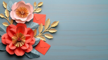 A vibrant arrangement of paper flowers and envelopes on a textured blue surface, showcasing artistic craftsmanship and creativity.