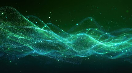 a vibrant blue abstract digital waveform with glowing particles on a solid green background
