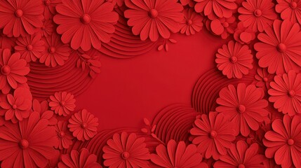 A vibrant red background adorned with intricately layered paper flowers, creating a striking and decorative floral design.