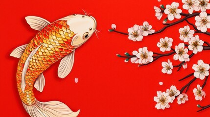 A vibrant illustration featuring a koi fish swimming near delicate cherry blossoms against a striking red background.