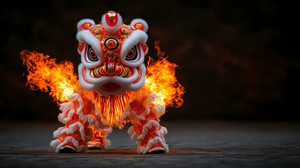 A vibrant lion dance costume with flames, representing tradition and celebration, set against a dark background.