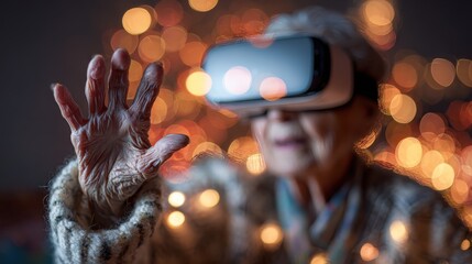 elderly woman wearing a vr headset reaching out her hand to explore a digital world with bokeh lights creating a warm and immersive atmosphere