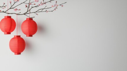 Three red lanterns hang from a branch adorned with delicate pink blossoms, set against a simple white background.
