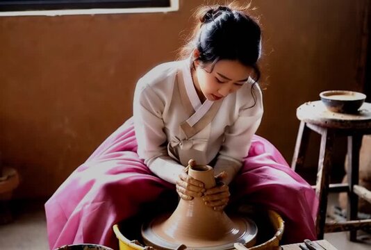 A young woman in a white jeogori and pink chima shapes tall clay on a spinning wheel in a sunlit rustic studio, hands coated in mud, focused and steady motion.