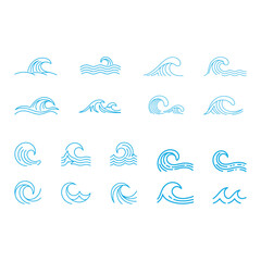 Vector Blue Ocean Wave Icons Set, Sea Water Line Art Collection
