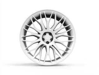 A striking white alloy wheel features detailed designs and a polished finish. Set against a simple background, it highlights the beauty of modern automotive parts