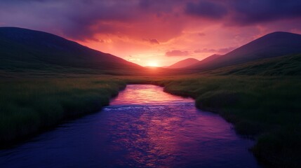 Sunset Over Mountain Stream Valley Landscape