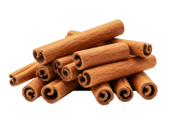Tightly layered pile of aromatic cinnamon quills showing rough bark texture and mahogany tones, captured in a macro studio shot with high-key lighting on an infinity white background with copy space,