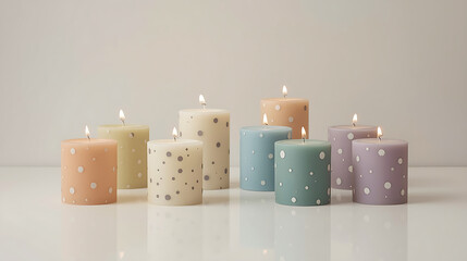 Eight lit pillar candles with soft glowing flames are arranged on a clean white surface. They are cylindrical, decorated with polka-dot patterns in pastel peach, light yellow, white with gray dots.