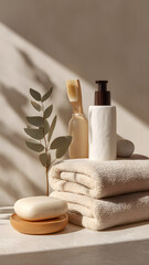 
eco product mockup, beige linen background, soft shadows, minimal composition, perfect for skincare or sustainable brand