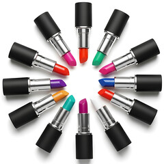 Obraz premium Multicolor Lipsticks Circle Arrangement – Vibrant Makeup Set Isolated