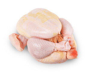 Raw whole chicken isolated on white background. Fresh poultry meat ready to cook. High quality photo